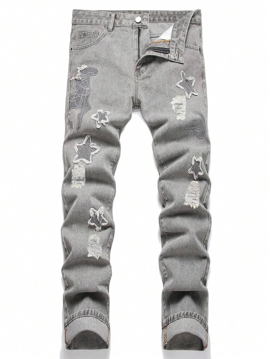 男士棉星星補丁貼破洞抽鬚緊身牛仔褲 - 淺灰色 - 查看 1