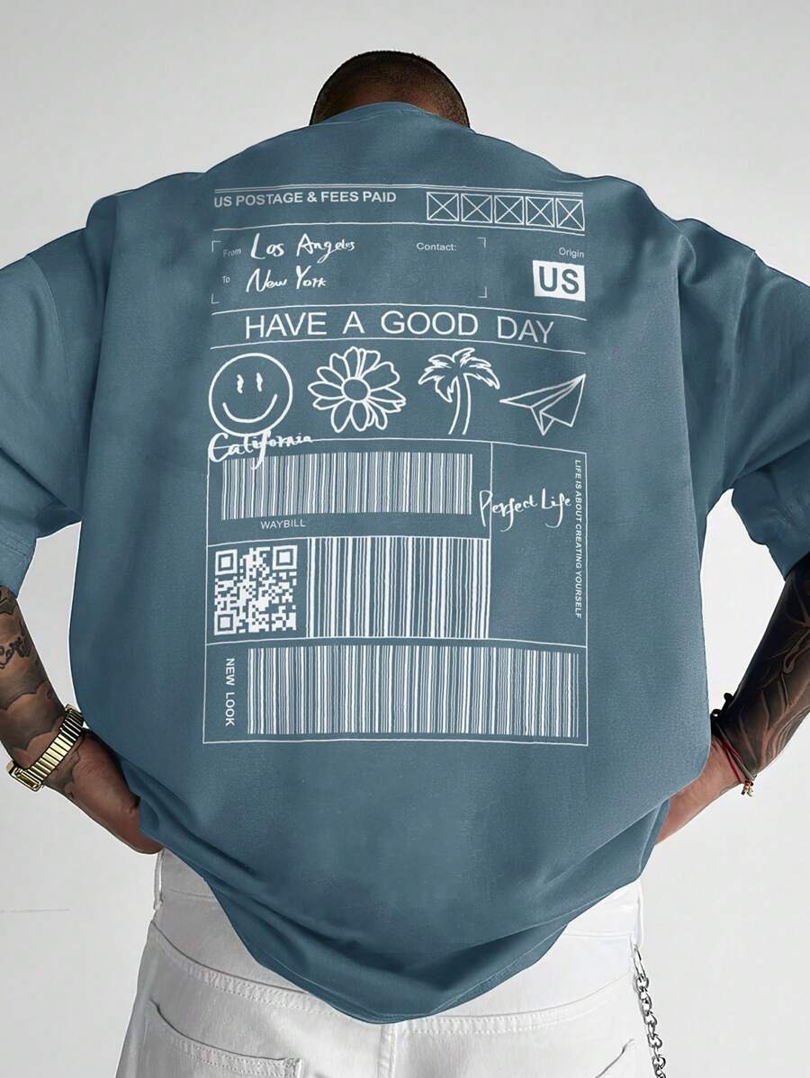 Manfinity Homme Men Plus Slogan Graphic Tee - Dusty Blue - View 1