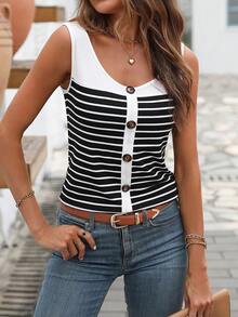 條紋印花前紐扣背心上衣 - 黑與白 - 查看 5