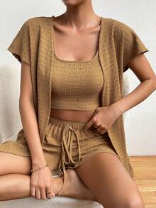 SHEIN Essnce 素色背心上衣&短褲&開門襟外套 - 駝色 - 查看 3