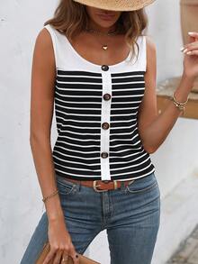 條紋印花前紐扣背心上衣 - 黑與白 - 查看 7