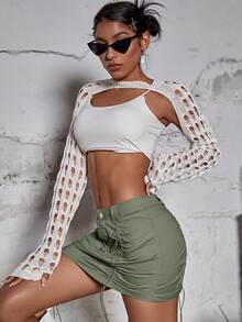 Ruched Drawstring Front and Back Mini Skirt - Green - View 5