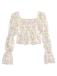 Allover Floral Ruffle Trim Virago Sleeve Blouse - Multicolor - View 2