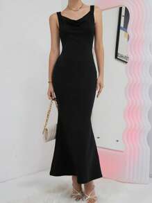 SHEIN Privé Đầm Lộ Lưng màu trơn Gợi cảm - màu đen - Xem 4