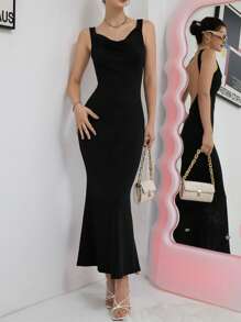 SHEIN Privé Đầm Lộ Lưng màu trơn Gợi cảm - màu đen - Xem 5