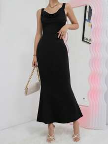 SHEIN Privé Đầm Lộ Lưng màu trơn Gợi cảm - màu đen - Xem 6