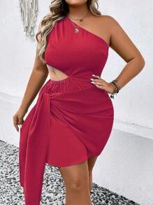 Celure 大碼單肩鏤空側打結洋裝 - 紅色 - 查看 3