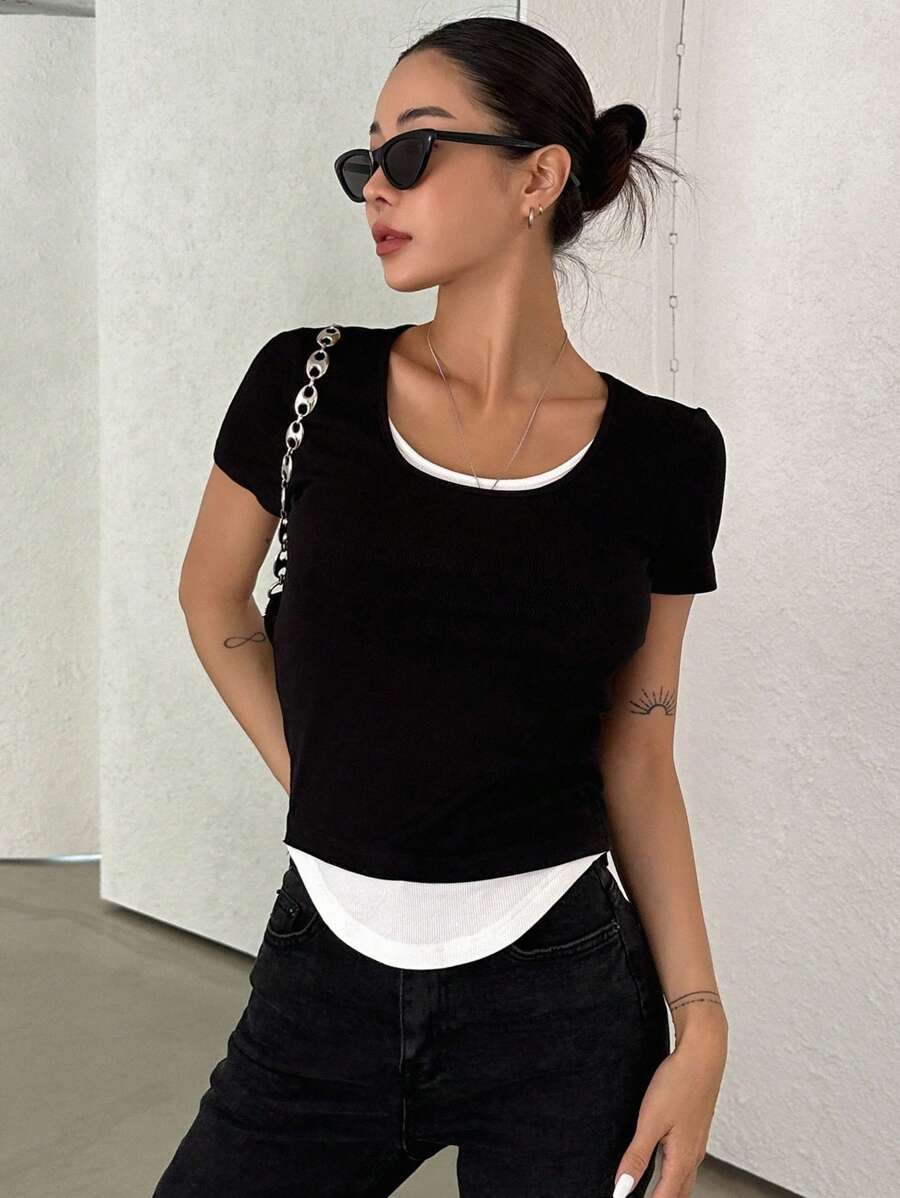 DAZY Two Tone 2 In 1 Tee - Black - View 1