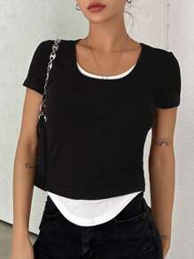 DAZY Two Tone 2 In 1 Tee - Black - View 3