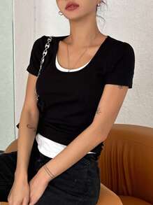 DAZY Two Tone 2 In 1 Tee - Black - View 5