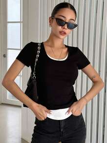 DAZY Two Tone 2 In 1 Tee - Black - View 10
