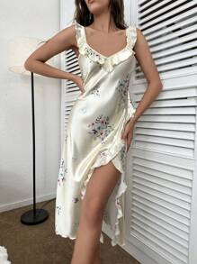 Vestido de dormir de tirantes con estampado floral ribete con fruncido de satén - Beis - Ver 1