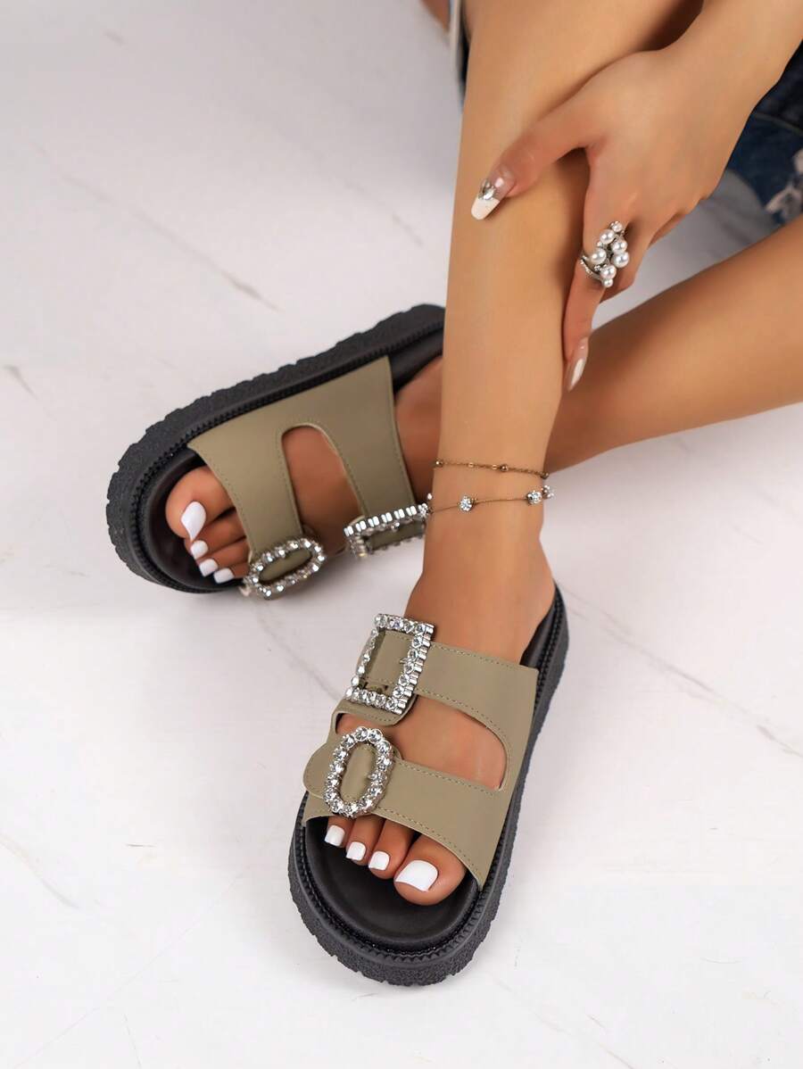 女士水鑽裝飾厚底涼拖,時尚涼鞋 - 灰色 - 查看 1