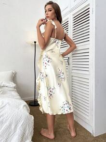 Vestido de dormir de tirantes con estampado floral ribete con fruncido de satén - Beis - Ver 2