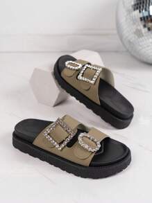 女士水鑽裝飾厚底涼拖,時尚涼鞋 - 灰色 - 查看 5