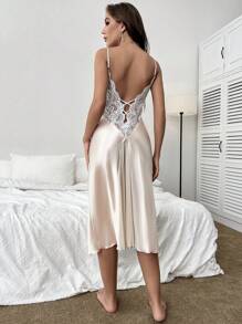 Conjunto de pijama con camisón de tirantes de encaje en contraste y bata - Champán - Ver 2