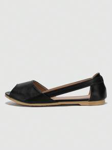 秋冬女士简约露趾平底鞋，优雅平底鞋 - 黑色 - 查看 2