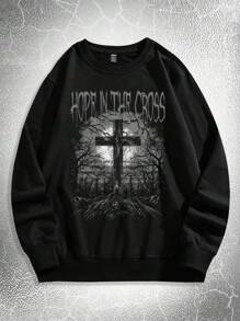 ROMWE MEN Goth Guys Letter & Cross Print Sweatshirt - Black - View 1