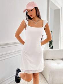 SHEIN EZwear 純色背心白色連衣裙 - 白色 - 查看 6