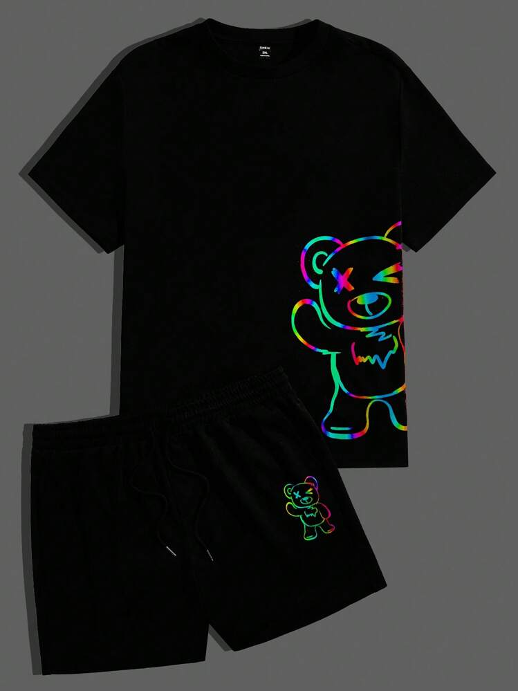Manfinity RebelGame Men Plus Reflective Bear Print Tee & Drawstring Waist Shorts - Black - View 1
