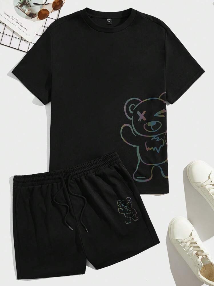 Manfinity RebelGame Men Plus Reflective Bear Print Tee & Drawstring Waist Shorts - Black - View 5