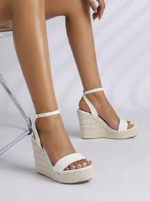 女士夏季新款海滩度假休闲舒适透气亚麻面料绳饰圆头厚底凉鞋 - 白色 - 查看 1