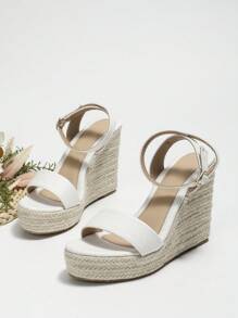 女士夏季新款海滩度假休闲舒适透气亚麻面料绳饰圆头厚底凉鞋 - 白色 - 查看 2