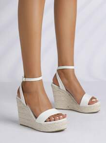 女士夏季新款海滩度假休闲舒适透气亚麻面料绳饰圆头厚底凉鞋 - 白色 - 查看 4
