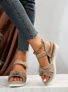 女士結飾踝帶坡跟涼鞋,度假涼鞋