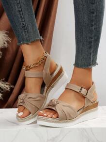 女士結飾踝帶坡跟涼鞋,度假涼鞋