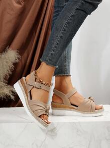 女士結飾踝帶坡跟涼鞋,度假涼鞋