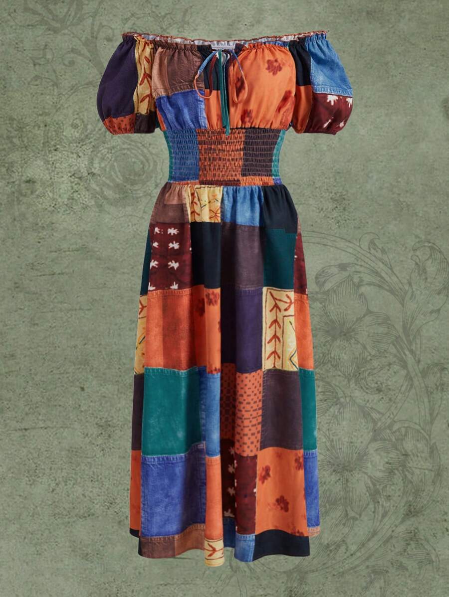 ROMWE Hippie 色塊拼接圖案一字肩前繫帶連衣裙 - 彩色 - 查看 1