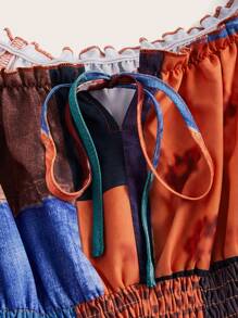 ROMWE Hippie 色塊拼接圖案一字肩前繫帶連衣裙 - 彩色 - 查看 2