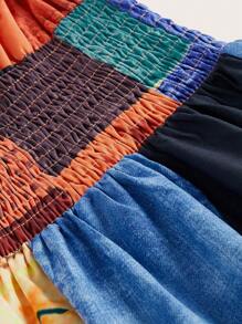 ROMWE Hippie 色塊拼接圖案一字肩前繫帶連衣裙 - 彩色 - 查看 3