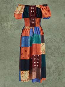 ROMWE Hippie 色塊拼接圖案一字肩前繫帶連衣裙 - 彩色 - 查看 4