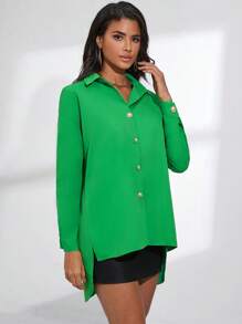 Aveloria Pearls Button Through High Low Shirt - Green - View 3