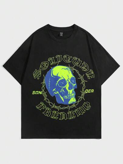 Street Life Homme T-shirt Tête De Mort & Graphique De Slogan