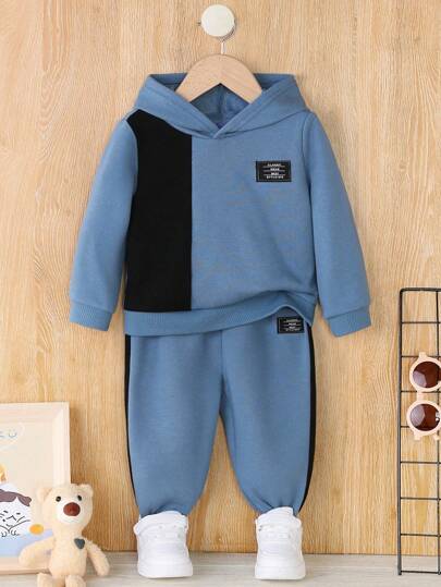 SHEIN Baby Boy 2pcs/Set Color Block Ribbed Cuff Hoodie With Elastic Waistband Long Pant