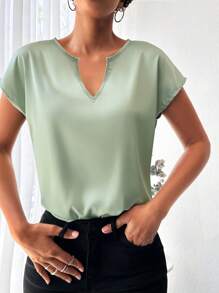 EURMUSE Notched Neckline Batwing Sleeve Blouse - Mint Green - View 2