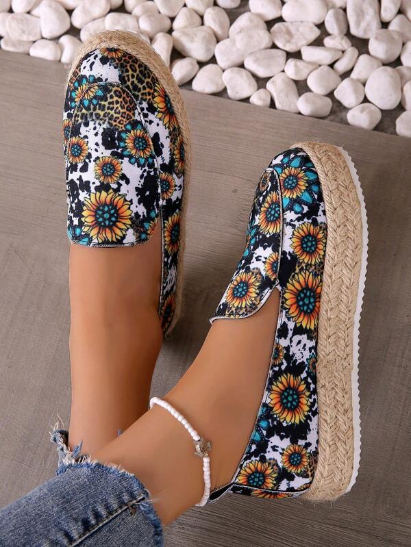 Women Flower Pattern Slip On Flatform Shoes, Vacation Outdoor Fabric