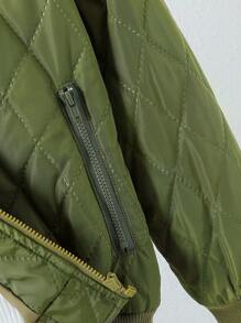 SHEIN Tween Girl 1pc Baseball Collar Zipper Quilted Coat - Army Green - View 3