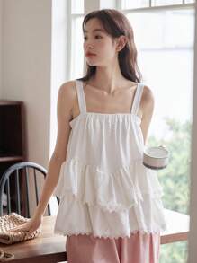 DAZY Contrast Lace Ruffle Hem Cami Top - White - View 6