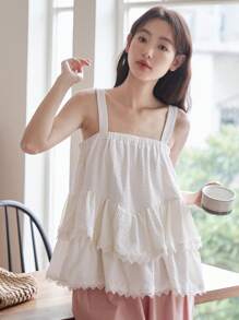 DAZY Contrast Lace Ruffle Hem Cami Top - White - View 7