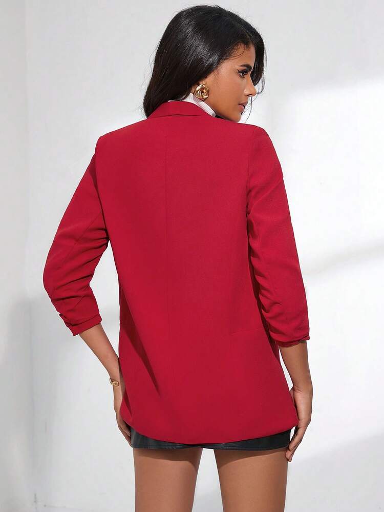 SHEIN Privé Ruched Sleeve Shawl Collar Tailored Blazer - Burgundy - View 2
