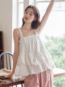DAZY Contrast Lace Ruffle Hem Cami Top - White - View 5