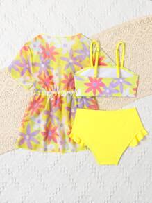 SHEIN Baby Girl 3packs Floral Print Ruffle Trim Beachwear With Kimono Summer Beach