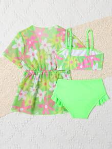 SHEIN 女婴花卉印花荷叶边装饰沙滩装和服夏季海滩装 - 綠色 - 查看 2