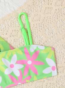 SHEIN 女婴花卉印花荷叶边装饰沙滩装和服夏季海滩装 - 綠色 - 查看 3