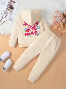 SHEIN Young Girl 2pcs Letter Printed Hooded Sports Jacket And Pants Set, Spring And Autumn - Apricot - View 3