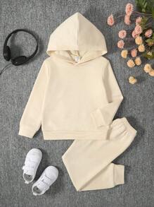 SHEIN Young Girl 2pcs Letter Printed Hooded Sports Jacket And Pants Set, Spring And Autumn - Apricot - View 2